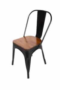 Schwarzer Metallstuhl mit Sitzfläche aus Pinienholz 